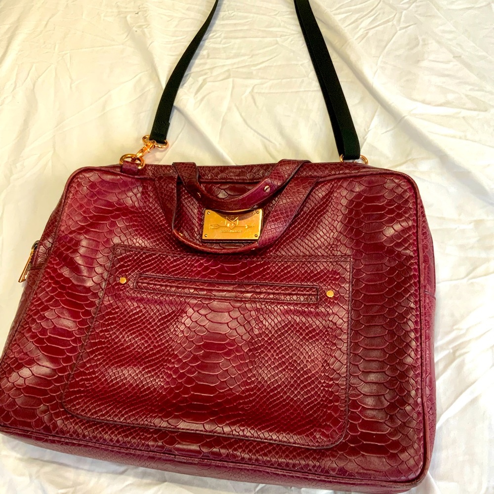 Rebecca Minkoff Burgundy Embossed Leather Laptop Bag with Black Strap